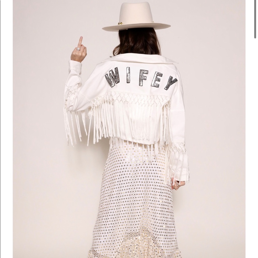 East n west label Wifey white washed denim fringed jacket